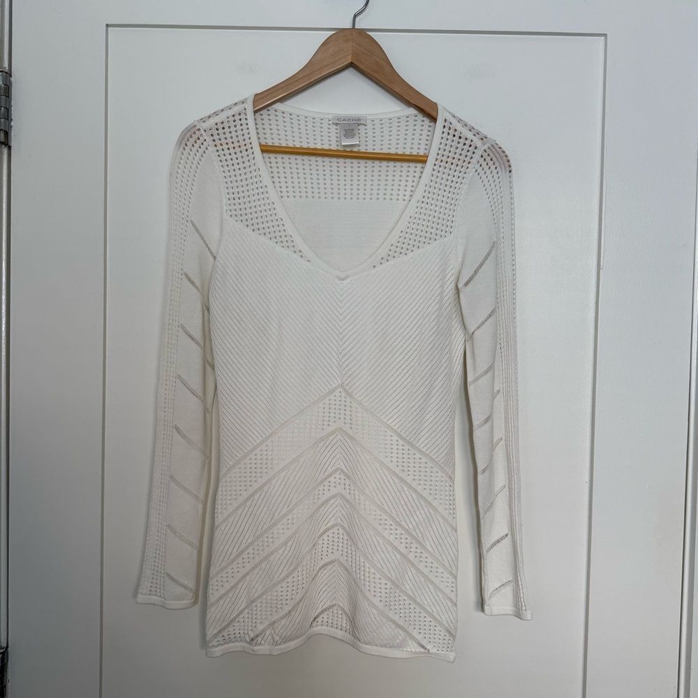 Cache Top Womens Sz S White V Neck Long Sleeve Crochet Mesh Sheer Stretch